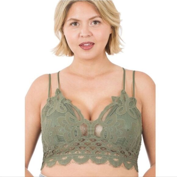 Zenana Light Olive Plus Size Bralette GORGEOUS LACE - Picture 1 of 10